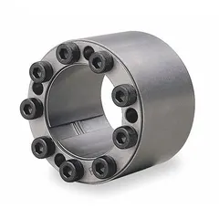 This keyless bushing provides a shaft-to-hub connection without keys or keyways, using multiple locking screws for zero-backlash mounting. Made of carbon steel with a 3 9/64 in outer diameter and 0.945 in width, it is suitable for inch-system power transmission applications such as mounting sprockets, pulleys, or couplings onto shafts.