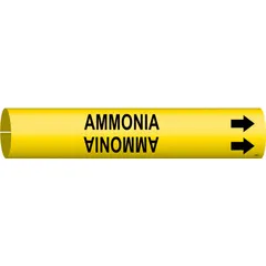 This snap-on pipe marker is designed for identifying ammonia lines in industrial piping systems. It fits pipes with an outer diameter of 3/4 to 1-3/8 inches and includes directional arrows to indicate flow. The marker is marked in English and provides clear, on-pipe identification for maintenance and safety compliance.
