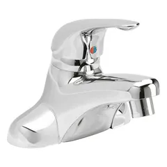 Centerset bathroom faucet with low arc spout, constructed of brass with chrome finish. Includes flex hoses for supply connection. Flow rate 2.2 gpm. Suitable for restroom sinks in commercial and institutional settings.