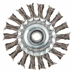 This twisted steel wire wheel brush is designed for heavy cleaning of contoured carbon steel surfaces. With a 4" diameter, 1/2" width, 3/8"-24 arbor, and 0.02" fill, it is suited for removing rust, scale, and weld splatter from irregular shapes without damaging the base metal.