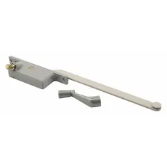 This left-hand crank window operator is designed for casement windows, mounting to the frame. It includes a crank handle and features a painted aluminum finish. The 4-3/4 in base length suits replacement of worn hardware in residential or light-commercial window maintenance.
