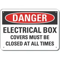 Plastic sign with mounting holes for attachment to electrical panels. Displays the message 'Danger: Electrical Box Covers Must Be Closed At All Times' to warn personnel. Not retroreflective and does not glow in the dark. Suitable for indoor use in areas where electrical safety warnings are required