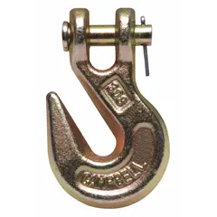 This CAMPBELL narrow-opening grab hook is made of carbon steel with a gold finish and features a clevis mounting. It is Grade 70 and has a working load limit of 4,700 lb. Designed for use with Grade 70 chain, it provides a secure connection for lifting, pulling, or securing loads in rigging and towing applications.