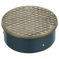 This cast iron cleanout housing provides floor-level access to drain lines for inspection and cleaning. It features a nickel finish and includes adjusting screws for installation. Suitable for commercial and industrial plumbing systems