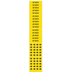 Yellow adhesive pipe marker with black 'Hot Water' legend for identifying hot water piping systems. Fits pipes with outside diameter of 3/4 inch and smaller. Pack includes 3 markers without directional arrows. Suitable for industrial and facility piping identification.