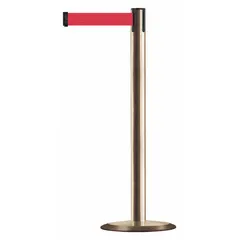 This retractable belt post barrier features a cast iron base and a metal alloy post. It includes a 13 ft long by 2 in wide red belt with no legend or pattern. Used for crowd control, queue management, and securing restricted areas.