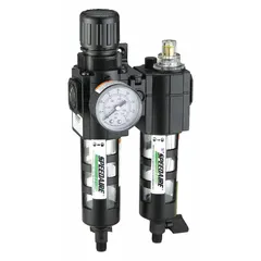 This SPEEDAIRE unit combines filtration, pressure regulation, and mist lubrication for compressed air systems. It filters particulates down to 40 micron, regulates pressure up to 150 psi, and delivers lubricant mist to protect downstream tools and actuators. With 1/4 in NPT ports and a flow capacity of 51 cfm, it is suitable for pneumatic circuits in manufacturing, assembly, and automation lines.