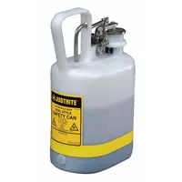 This JUSTRITE Type I safety can is a 1-gallon polyethylene container in white, designed for storing and dispensing flammable liquids. Its single-spout opening allows for both pouring and filling. Typical applications include industrial, laboratory, and maintenance settings where safe handling of flammable liquids is required