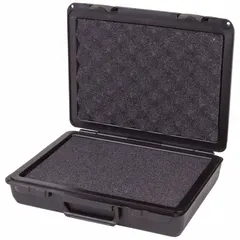 This suitcase-style case has interior dimensions of 8 1/2 in x 11 1/2 in x 3 1/4 in and weighs 2 lb. It features a single-throw closure and is carry-on size. The case is solid black and stationary, suitable for transporting documents, tools, or delicate equipment.