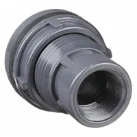 PVC through-wall fitting with 1 1/4 in female NPT threaded connection. Includes neoprene gasket for sealing. Used for tank wall installations in fluid transfer systems