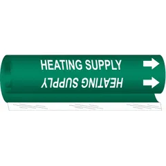 Green wrap-around pipe marker with white legend reading 'Heating Supply' and directional arrows. Fits pipe outer diameters from 1/2 to 1-3/8 inches. Used to identify heating supply lines in piping systems for clear visual communication of pipe contents.