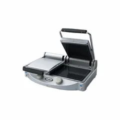 Double panini press with a 24-inch-wide glass ceramic cooking surface. Operates at 208 to 240V and 14.5 A. Suitable for grilling sandwiches, paninis, and flatbreads in commercial kitchens.