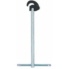 This basin wrench is constructed from alloy steel with a pivoted reversible jaw. It accommodates pipe sizes up to 1-1/4 in and features handle lengths of 12 in and 15 in for accessing nuts in confined spaces under sinks. Used for tightening or loosening faucet mounting hardware during plumbing installation and maintenance.