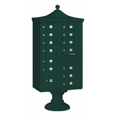 Horizontal multi-unit mailbox with 14 lockable front-access doors. Measures 71 3/4 in H x 31 in W x 18 1/2 in D. Designed for pedestal mounting. Suitable for centralized mail distribution in multi-tenant residential or commercial settings.