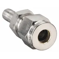 This PARKER double-ferrule stainless steel fitting connects two 1/4 in OD tubes with compression ends. It is compatible with Parker A-LOK fittings and provides a leak-tight connection in instrumentation, hydraulic, and process systems