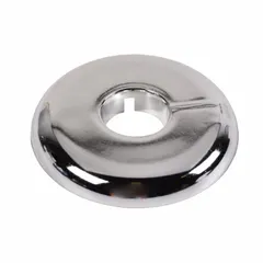 Chrome-plated plastic split-flange escutcheon with threaded connection for 1-inch pipe. Used to cover pipe penetrations through walls or ceilings, providing a finished appearance. Silver color.