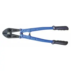 These heavy-duty bolt and chain cutters are constructed from steel with a blue finish. They are designed for cutting soft steel up to 1/2 inch maximum diameter and hard steel up to 1/2 inch maximum diameter. Typical applications include cutting rebar, bolts, and chain in construction, demolition, and metal fabrication tasks.