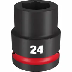This 3/4" drive impact socket is designed for use with impact wrenches in heavy-duty fastening and loosening applications. The 24 mm metric, 6-point configuration provides secure engagement on hex fasteners. Suitable for automotive, construction, and industrial maintenance tasks.