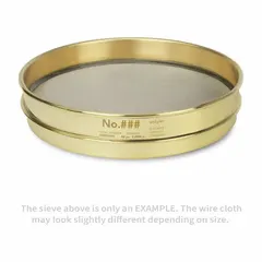 This test sieve features a stainless steel screen with US Standard #40 mesh size, mounted in a brass frame. It has an 8-inch outside diameter and 1 5/8-inch height, conforming to ASTM E11 standards. Used for particle size analysis and material classification in laboratory and industrial settings.