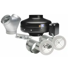 This inline duct fan kit is designed for general ventilation in commercial and industrial HVAC systems. It moves air through 8-inch ducts at up to 402 cfm, suitable for exhaust or supply applications. The unit features a single-speed, standard-efficiency motor, is speed controllable, and includes a mounting bracket. Constructed with IP44-rated galvanized steel.