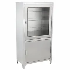 This tall cabinet is constructed with glass and stainless steel, providing visibility of stored items while resisting corrosion. It is suited for organizing supplies in laboratory, healthcare, or industrial environments. Overall dimensions: 30 in width, 16 in depth, 4 7/8 in height.