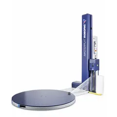 Semi-automatic stretch wrap turntable for wrapping palletized loads up to 48 inches in length. Capable of wrapping up to 30 loads per hour, this machine is suited for industrial packaging operations to secure products for storage or shipping.