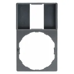 Rectangular legend plate for 22 mm panel mounting. Non-metallic plastic construction with black/red color scheme and tab attachment. Overall height 2 in, width 1 3/16 in. Used to label push-button stations in industrial control panels.