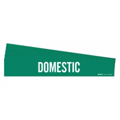Green adhesive pipe marker with white legend reading 'Domestic', designed for pipes with outer diameter of 8 inches and larger. Suitable for identifying domestic piping systems such as potable water lines. Pack of 5 markers without arrows.