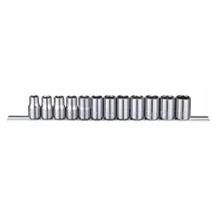 This 12-piece socket set includes metric standard sockets from 10 mm to 21 mm with a 1/2 in drive and 6-point design for secure engagement on hex fasteners. The sockets are tether ready for fall protection. Suitable for tightening and loosening metric bolts and nuts in automotive repair, machinery maintenance, and industrial assembly.