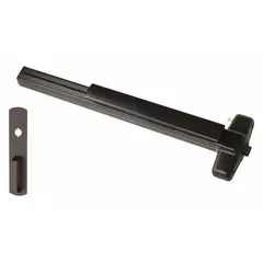 Mortise exit device with touchbar style, suitable for doors up to 3 ft wide. Bronze finish. Includes night latch outside trim for secure re-entry. ADA compliant for accessibility. Used in commercial buildings, schools, and hospitals for safe egress.
