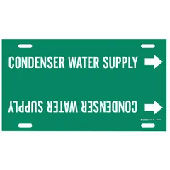 Green strap-on pipe marker with white legend text reading 'Condenser Water Supply'. Fits pipe outer diameters of 8 to 9-7/8 inches. Includes directional arrows. Used to identify condenser water supply lines in HVAC and industrial piping systems.