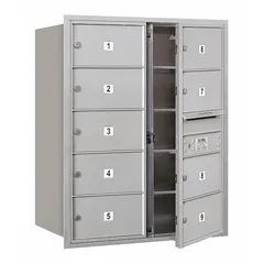 Horizontal multi-unit mailbox with 9 lockable doors, designed for recessed mounting. Dimensions: 37 7/8 in H x 31 1/8 in W x 16 1/2 in D. Provides front-access mail distribution for multiple tenants in commercial or residential buildings.