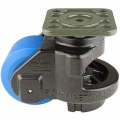 This FOOT MASTER leveling plate caster features a 90 mm nylon tread wheel and a black frame. With a mounting height of 132 mm and a load capacity of 3,307 lb, it is suited for heavy-duty industrial equipment, carts, and machinery requiring stable positioning and mobility on flat surfaces.
