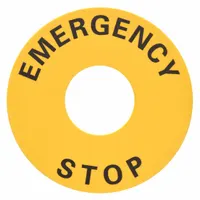 Round legend plate for 22 mm panel mounting, designed for OMRON Series A22 push-button stations. Features a yellow Emergency Stop legend in English. Overall diameter 2 3/8 in. Used to identify emergency stop functions in industrial control panels and machinery