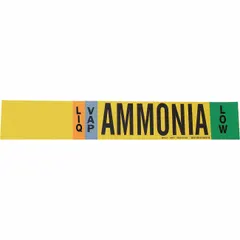 Ammonia adhesive pipe marker for low-pressure liquid/vapor service. Fits pipe outer diameter 2-1/2 to 7-7/8 inches. Supplied without directional arrows. Used to identify ammonia lines in industrial refrigeration systems.
