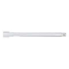 This socket extension has a 1/2-inch input and output drive size with a 10-inch overall length. It is used to extend the reach of a 1/2-inch drive ratchet or wrench to access fasteners in recessed or tight spaces. Suitable for automotive repair, machinery maintenance, and general assembly tasks.