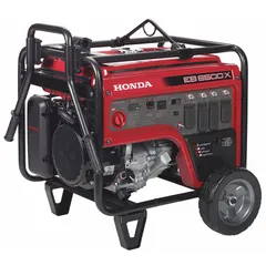 This conventional portable generator delivers 5,500 W running power and 6,500 W starting power at 120/240V AC, powered by gasoline. It features GFCI outlets and a Carbon Monoxide (CO) shutdown for safety. Suitable for job sites, backup power, and outdoor events.