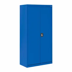 Commercial wardrobe cabinet with blue frame construction. Includes one adjustable shelf. Features a recessed handle and three-point locking system. Supplied unassembled. Suitable for storage in offices, schools, and industrial facilities.