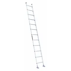This 12 ft aluminum straight ladder supports a 300 lb load capacity and weighs 22 lb. It features swivel safety shoes and mar-resistant end caps. Suitable for industrial maintenance, construction, and facility access tasks.