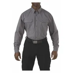 Men's tactical collared work shirt in Storm Gray, made from cotton with a button front and long sleeves. Designed for professional environments requiring functional apparel, suitable for security and industrial fieldwork.