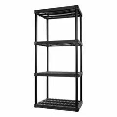 Press-fit stationary plastic shelving unit with four shelves, each rated for 200 lb. Overall height 73 in. Corrosion-resistant plastic construction suitable for industrial storage of parts, tools, or supplies in environments where moisture or chemicals are present.