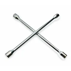 This 4-way cross lug wrench features four SAE wrench head sizes: 11/16 in, 3/4 in, 13/16 in, and 7/8 in, each with a 6-point standard-depth socket. The chrome-plated finish resists corrosion. Designed for loosening and tightening standard lug nuts on passenger vehicles.