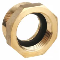 This brass rigid adapter connects fire hoses to hydrants or standpipes, converting from a 1-1/2 in NPH male thread to a 2 in NH female thread. The straight configuration and hex design facilitate secure hand-tightening. Suitable for use in municipal firefighting systems, industrial plant fire mains, and commercial building standpipe installations