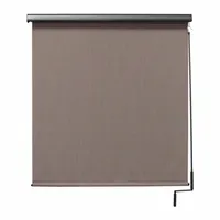 This Regal Series awning features a dark brown fabric with an oil-rubbed bronze valance. It is operated by a right-side pole and crank mechanism and secured with a bungee and hook tie-down system. Suitable for providing shade on patios, decks, or commercial storefronts