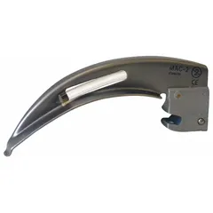 Disposable MacIntosh laryngoscope blade, size 2, with fiber optic illumination. Made of stainless steel with a silver finish, overall length 4 1/2 inches. Used for single-use intubation procedures in medical settings.