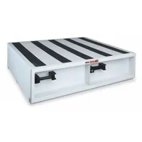 This steel storage drawer unit is designed for bed-mounting in trucks or vans. It features four drawers and measures 48 inches wide, 48 inches deep, and 13 inches high. The white finish provides a clean appearance for organizing tools and parts in fleet and vehicle maintenance applications