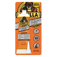 General-purpose construction adhesive in a 2.5 fl oz tube. White adhesive color. Bonds wood, metal, drywall, concrete, and other common building materials. Suitable for construction, repairs, and DIY projects.