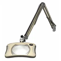 This LED magnifier light features a 2x glass lens with 4 diopter magnification and a 5000K color temperature. The aluminum articulating arm extends 43 inches, and the unit operates on 100 to 240V AC. Includes an ultraviolet light and is ESD safe, suitable for detailed inspection tasks in industrial and laboratory settings