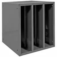 Gray steel cabinet with three 6 in x 24 in openings for organized storage of hoses and coils. Overall dimensions: 21 5/8 in x 24 1/8 in x 24 in. Suitable for industrial and commercial facilities requiring tidy, accessible hose and coil storage