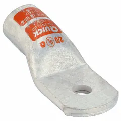 This heavy wall lug is made of tin plated copper for corrosion resistance. It is designed for terminating 2/0 gauge cable and has a 1/4 inch stud size. The orange color indicates the wire gauge. Typical applications include battery cable terminations in heavy-duty electrical systems.